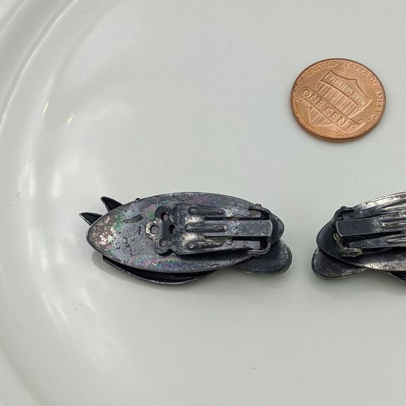 Vintage Blue Green Dark Silver Wing Clip Earrings - Picture 9 of 10